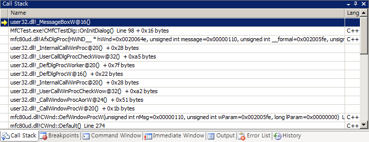 MS 관련 PDB 로딩이 되어 있는 상태의 Call stack 창